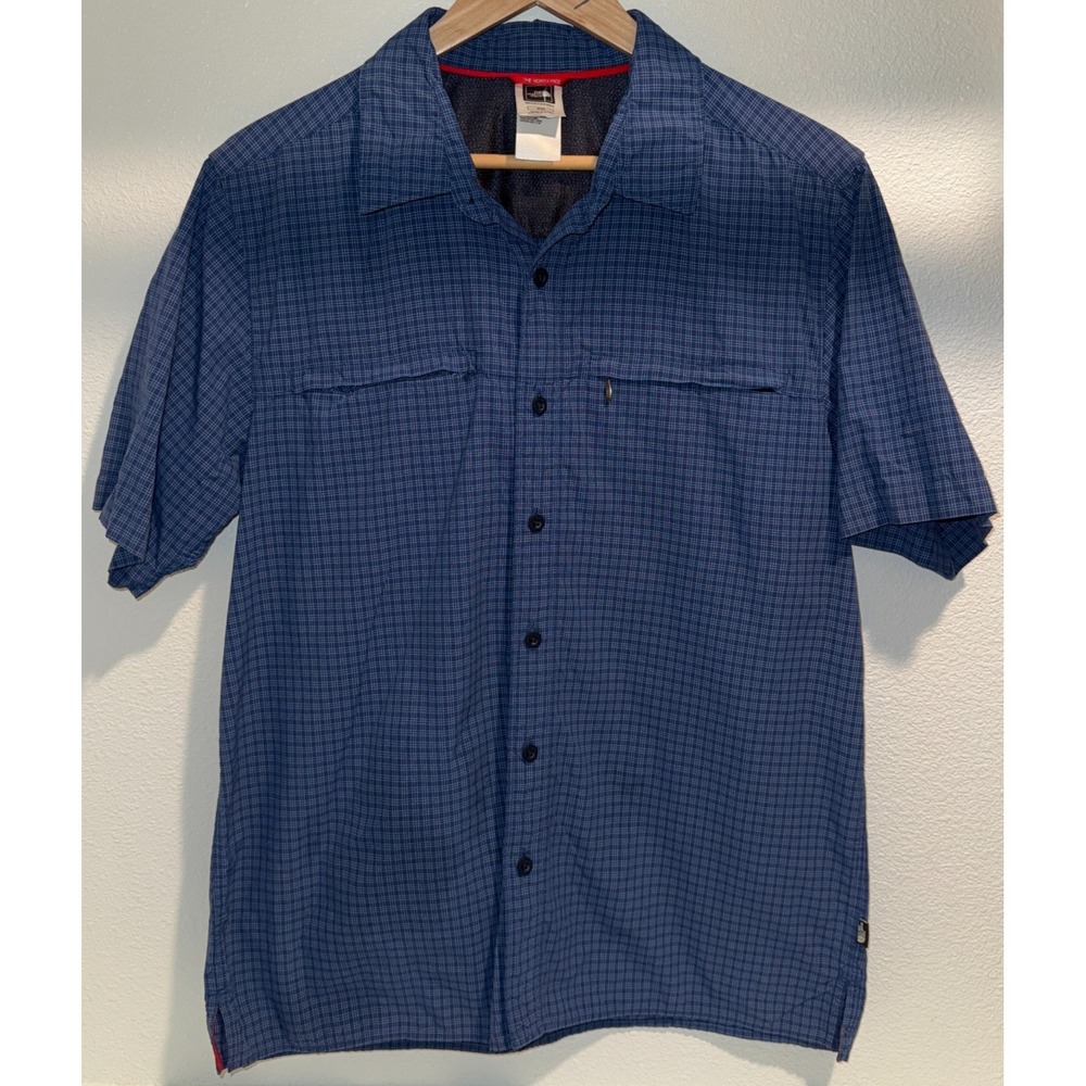 The North Face Mens Medium Short Sleeve Button Up Shirt Blue Plaid Nylon Hiking